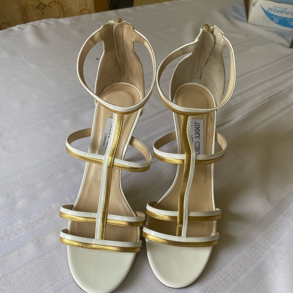 Jimmy Choo White & Gold High Heels - Picture 1 of 11